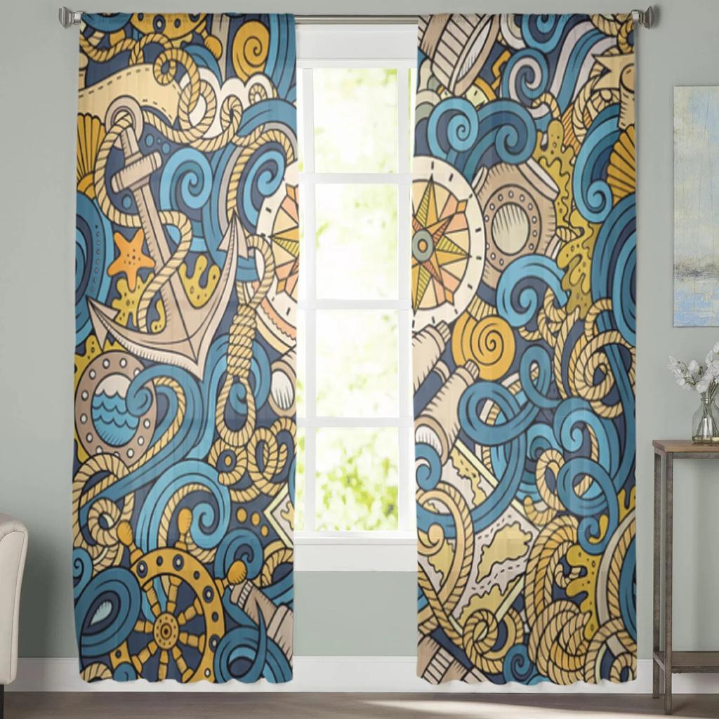 Cartoon Nautical Doodles przezroczyste zasłony do salonu przezroczysta tiulowa zasłona okienna sypialnia kuchnia Home Decor welon zasłony