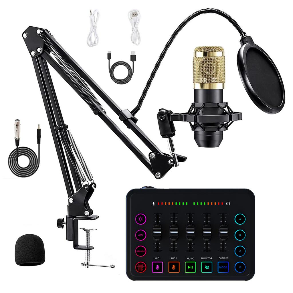 Podcast Equipment Bundle, Streaming Audio Interface Kit with Condenser Microphone, Noise Reduction, Live Sound Card