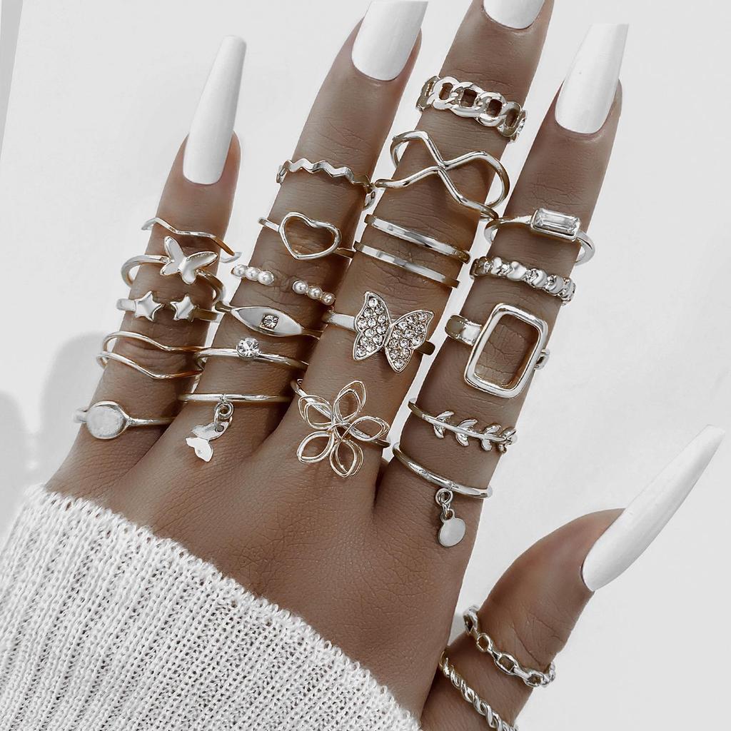 23-Piece Set: Black Butterfly Diamond & Pearl Knuckle Rings for Women