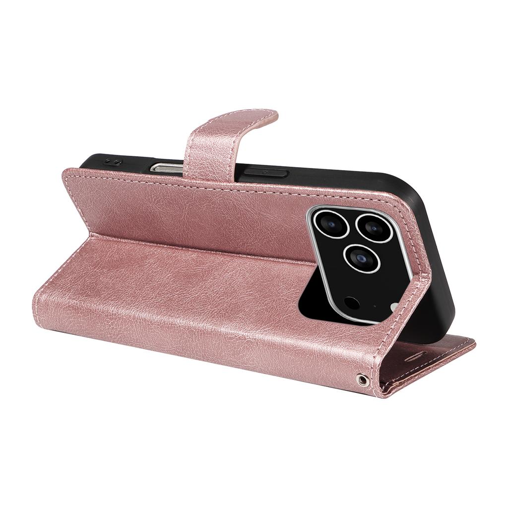 For iPhone 17 Pro Leather Wallet Case with Strap Solid Color Phone Stand Cover