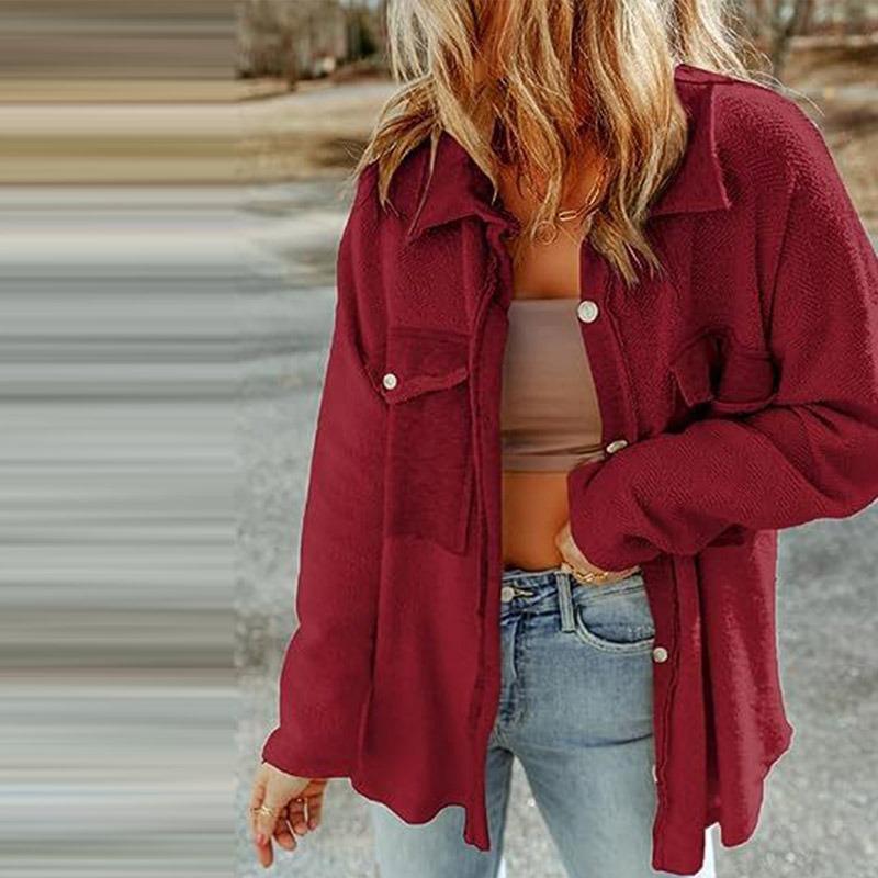 

Жіноча повсякденна сорочка з лацканами з довгим рукавом і кишенями Осінь-зима Вільна повсякденна плюшева куртка з довгим рукавом S червоний