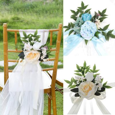Simulation Rose Flower DIY Wedding Chair Sashes Artificial Flower Bow Chair Sashes for Ceremony Party Rustic Wedding Decoration