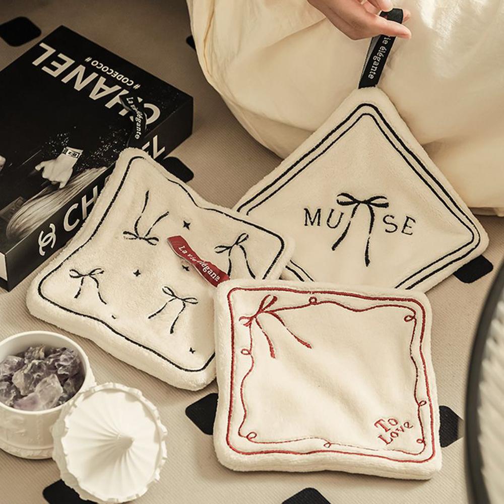 Cute Coral Velvet Bow Tie Embroidery Hanging Hand Towel for Bathroom No-shedding Double-layer Absorbent Quick-dry Kitchen Towel