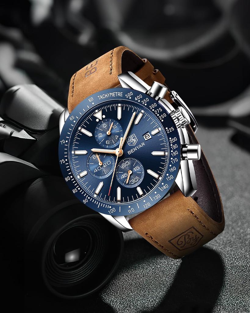 BY BENYAR Chronograph Analog 30M Water Leather Strap Quartz Gift for Available In and Blue Men's Watch, Resistant, Simple, Stylish, Popular, Formal,