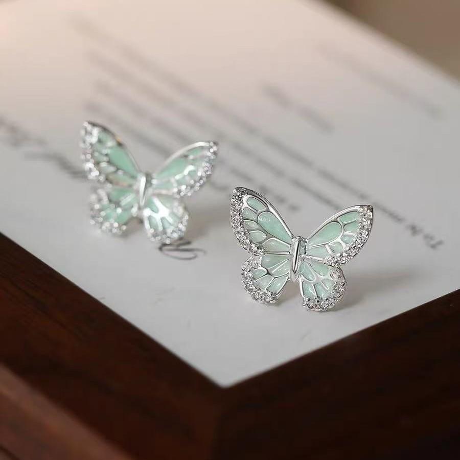925 Silver Needle Zircon Mint Green Butterfly Stud Earrings For Women Party Classic Fine Jewelry Light Insect Accessories