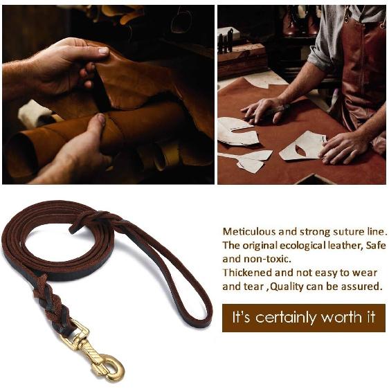 FOCUSPET Leather Dog Leash 6 Ft Leather Dog Training Leash Pet Braided Dog Leash for Large Medium Leads Rope Dogs Walking&Training (1/2 Inch,Brown)
