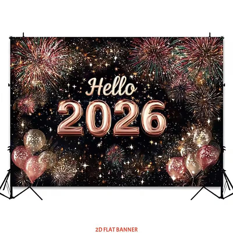 2D Happy New Year 2026 Backdrop Fireworks & Balloons for New Year Eve Celebration Banner 47.2x31.5inch/120*80cm