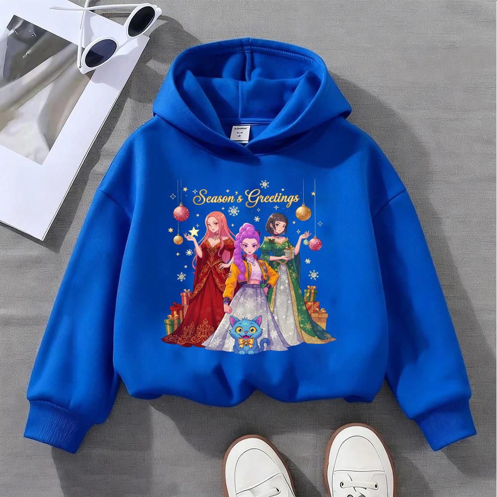 Festive Christmas Kids Hoodie with Adorable Anime Girls and Cute Cat Design for Season's Greetings
