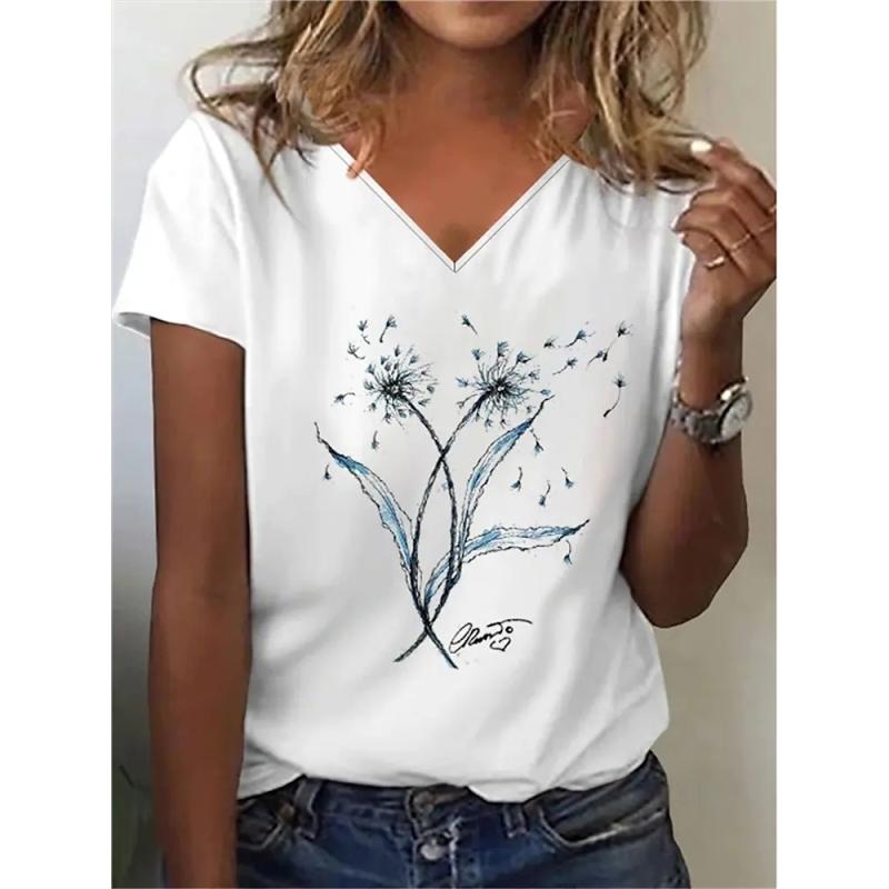 Women's summer V-neck loose short-sleeved white fashionable women's T-shirt 3D center flower small fresh top casual clothes