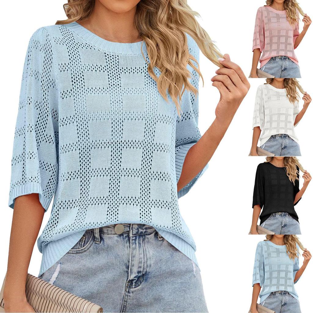 Camicette traforate tinta unita a mezza manica da donna, casual, stile Y2k, magliette in maglia, leggere, stile retrò, top estivi