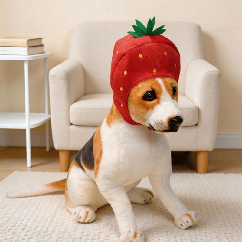 Dog Strawberry Costume Hood Hat, Soft Plush Pet Photo Hat for Halloweens Party Dressingup, Theme Event, and Quick Pullon Costume Styling