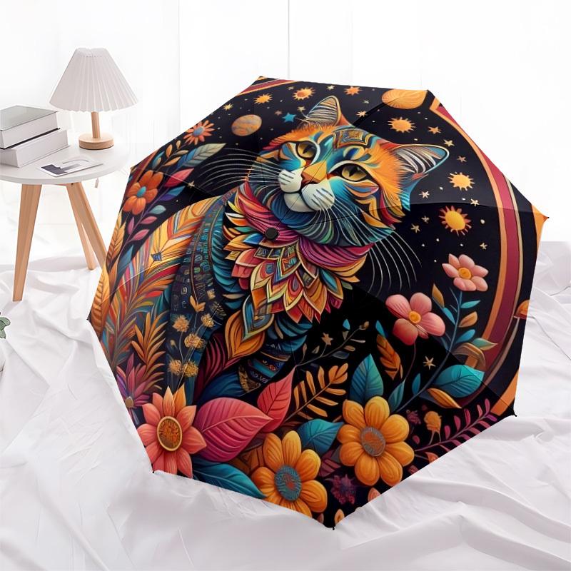 1pc Colorful Mandala Cat with Flowers Umbrella with Plastic Handle,Suitable for All Seasons Home Travel Outdoor UmbrellaDD606