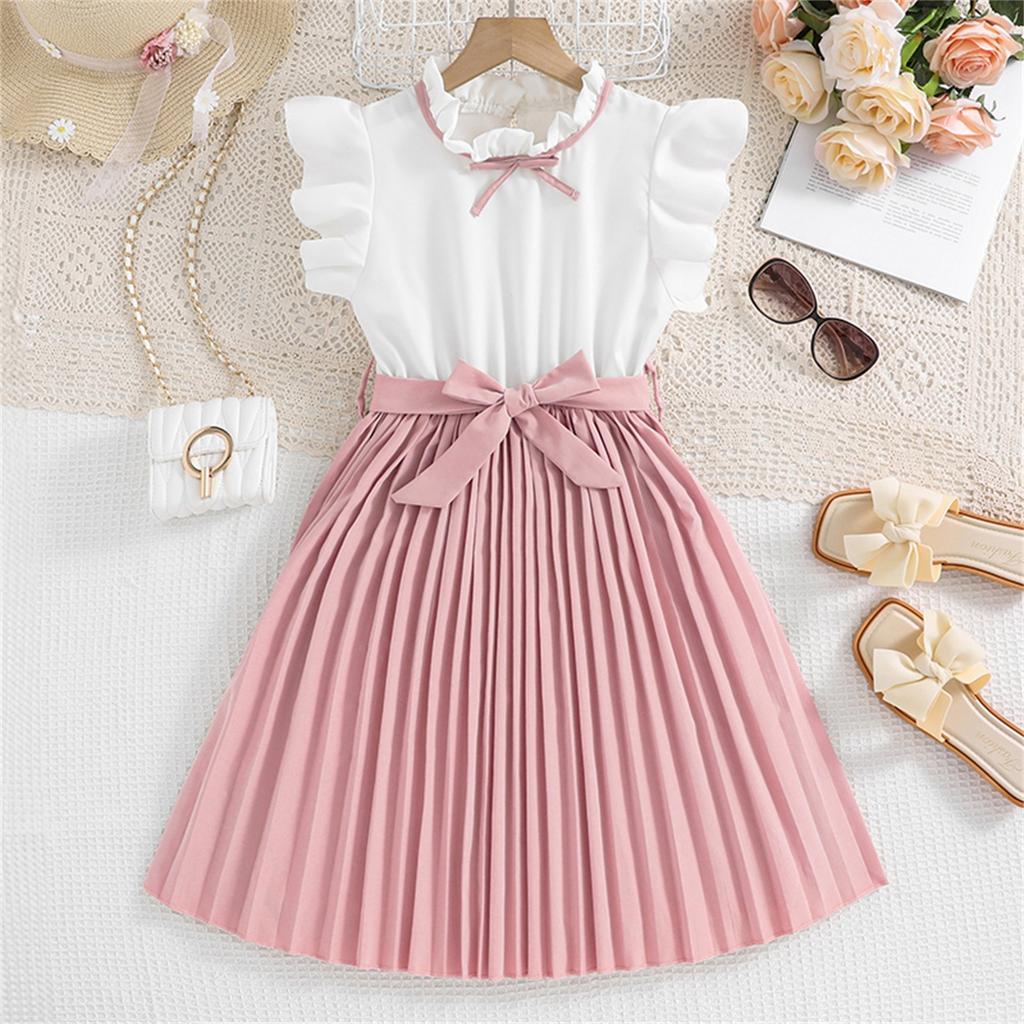 Summer Children's Dress Children's Dress Fancy Flying Sleeve Color Patchwork Pleated Girls Cute Fashion Princess Dress