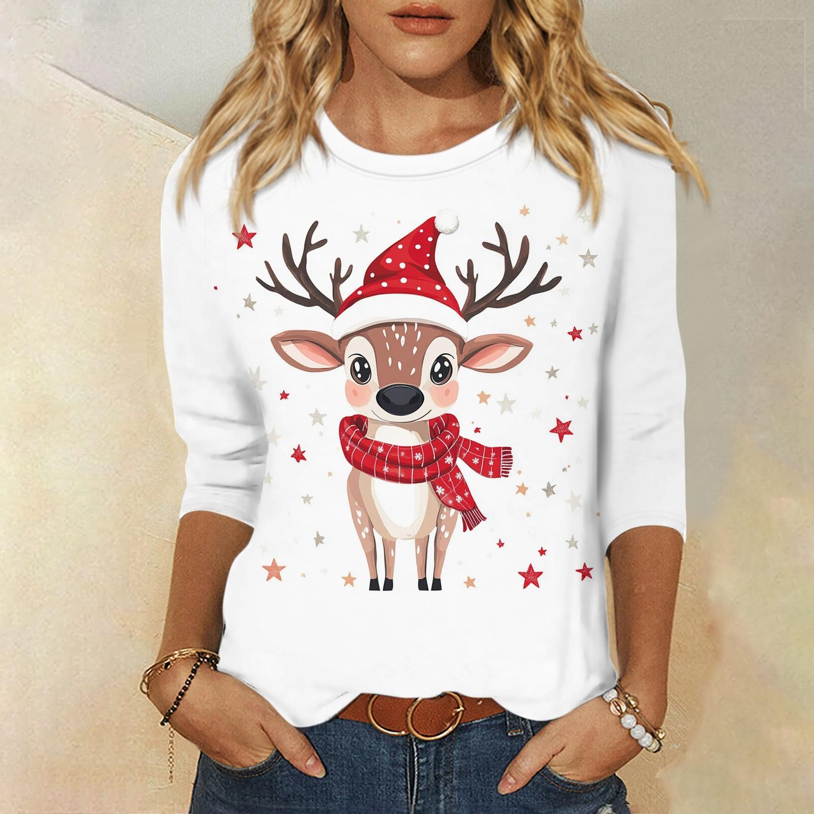 

Женская мода, повседневная свободная футболка с рождественским принтом и круглым вырезом, рукав 3/4, женский топ XL белый