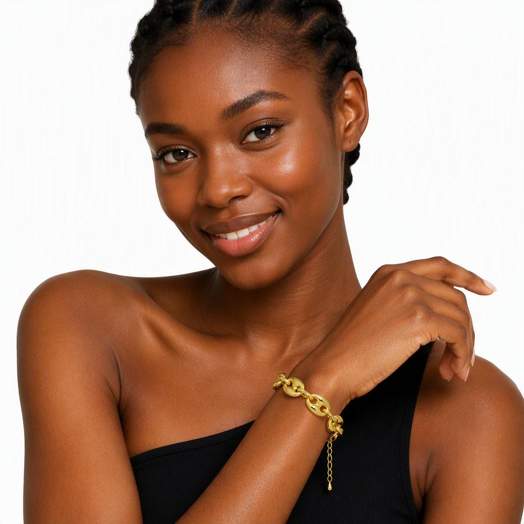 18K Gold Plated Brass Puff Coffee Bean Chain Jewelry Set Pig Nose Mariner Link Necklace Bracelet Earrings 3 Pcs Set