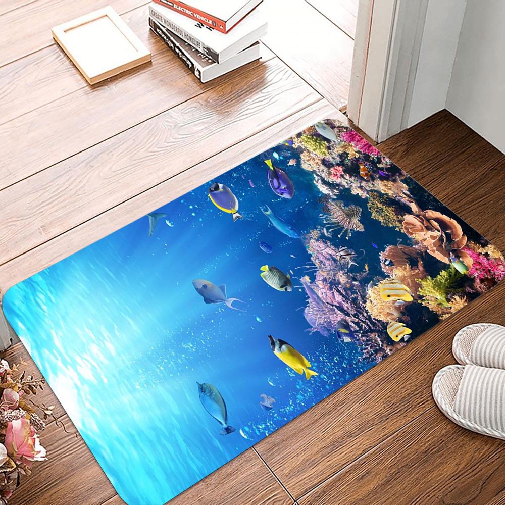Underwater World Printing Non-Slip Small Rug Waterproof Easy To Clean Floor Mat for Indoor Outdoor Use Durable Home Decoration