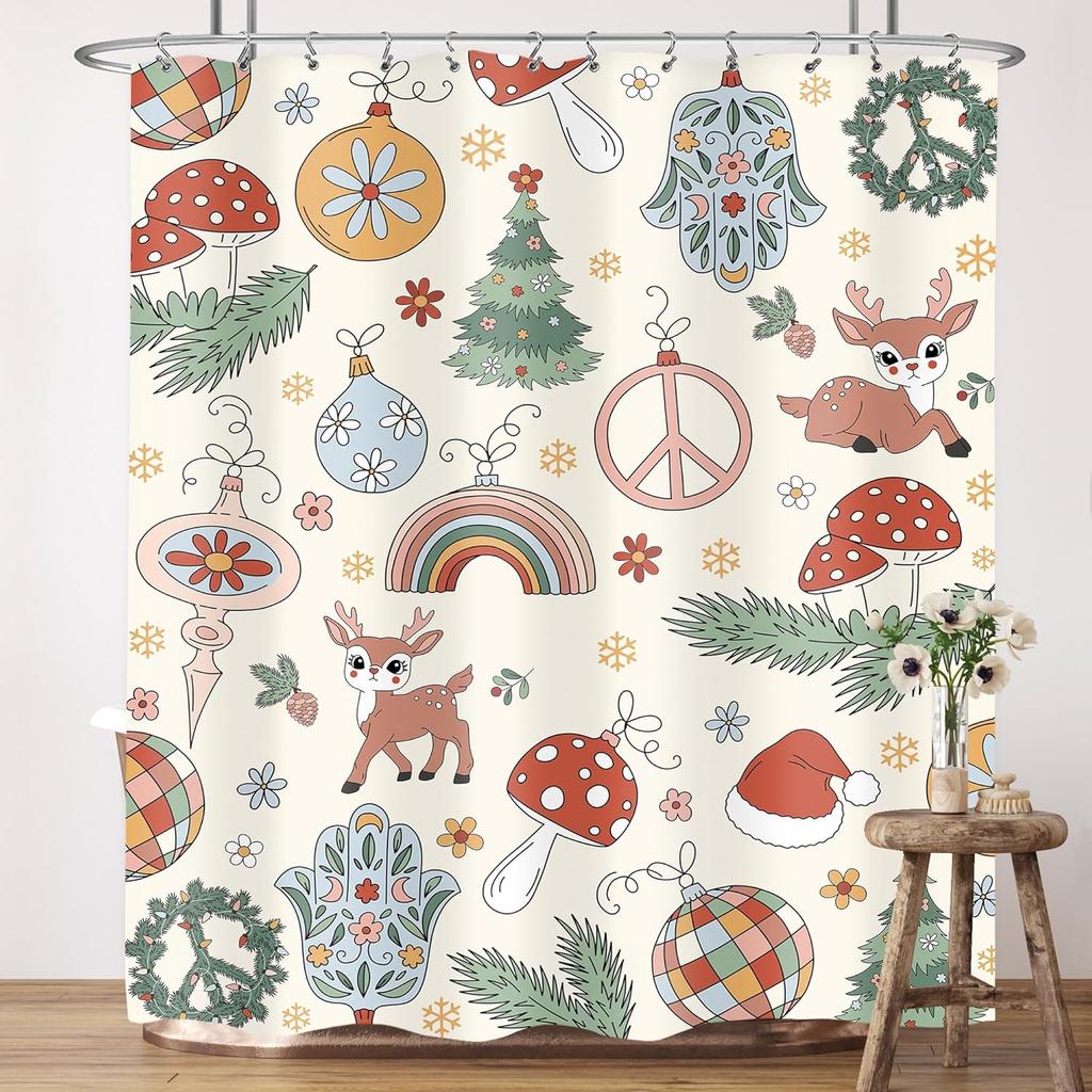 Merry Christmas Happy New Year Shower Curtain Santa Claus Snowman Reindeer Winter Snowflake Xmas Bathroom Decor with Hooks