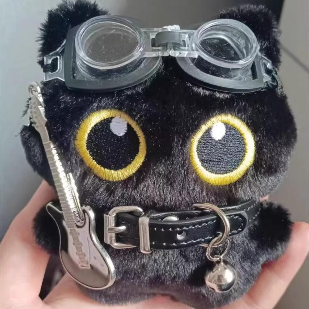 Cute Punk Black Cat Doll Pendant Rock Collar Guitar Plush Toy Holiday Birthday Gift Baby Pendant Keychain 15cm