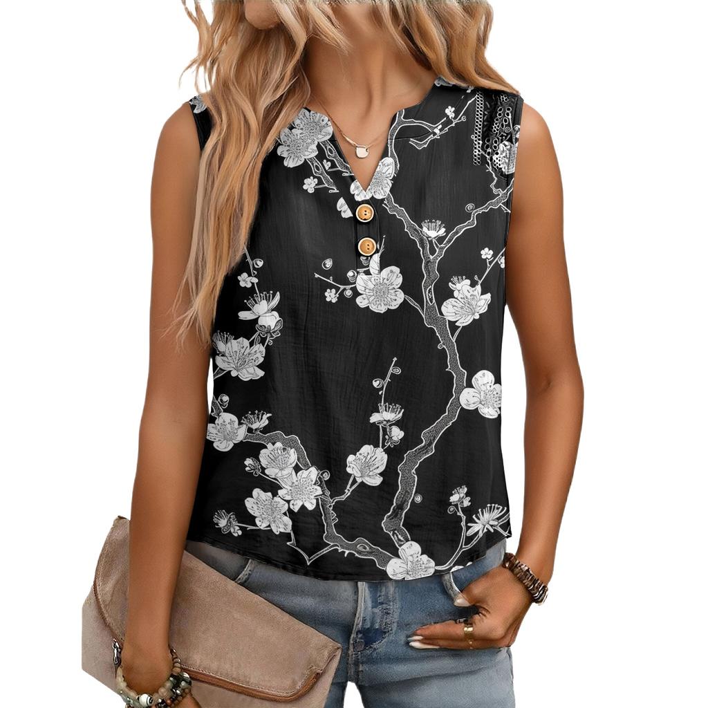 Women's Casual, Loose-Fitting, Printed, Sleeveless Linen Blouse