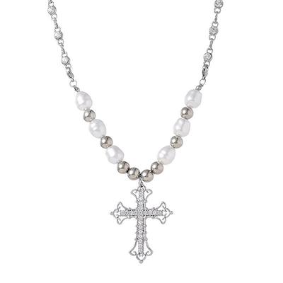Personality  Retro Diamond Inlaid Pearl Pendant Necklace Punk Hip Hop Simple Cool Cross Chain Exquisite Temperament Party Jewelry Gifts For Women