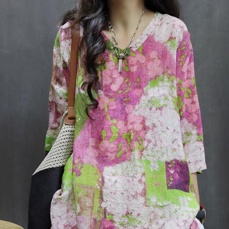 

Рами Принт Ретро Повседневная Рубашка Свободная V-образный вырез Литературная Рубашка Юбка XXL фиолетовый