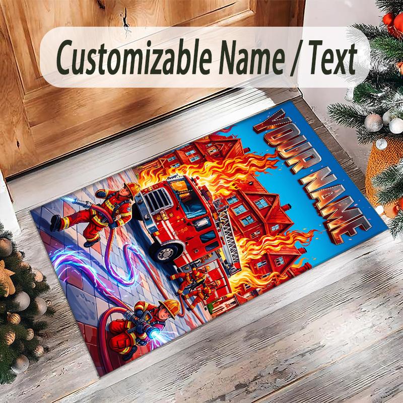 Fire Truck Theme Crystal Velvet Rug Personalized Custom Name Text Soft Floor Mat Home Decor