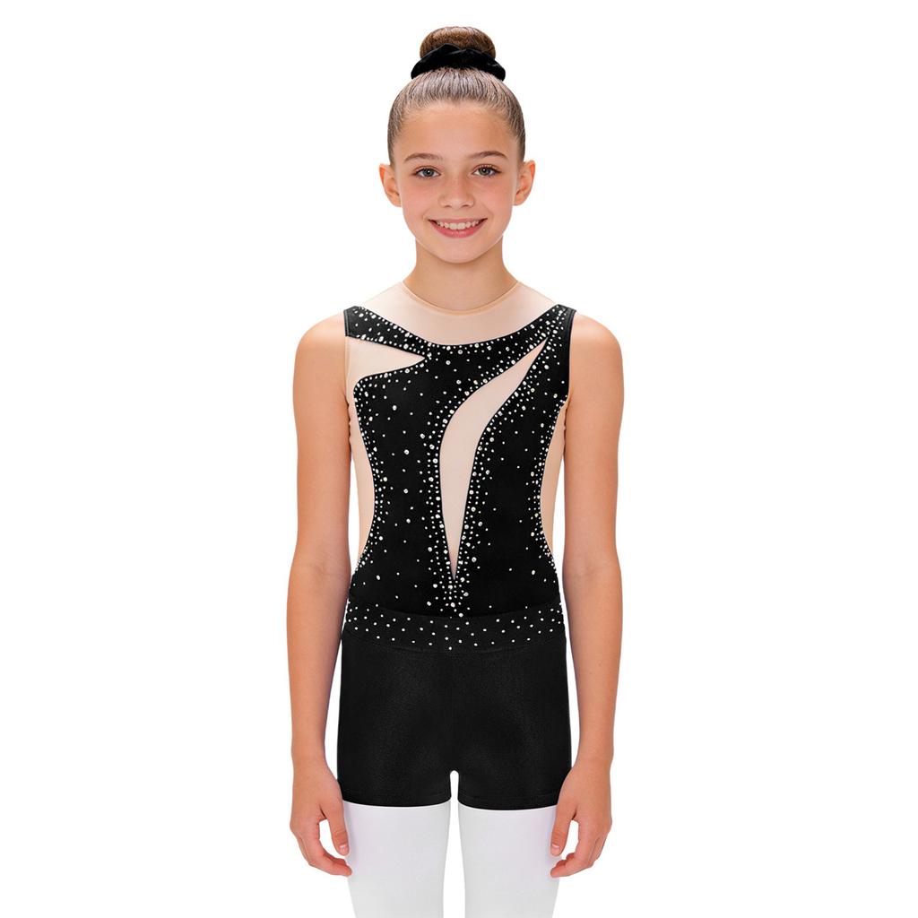 Girls Sheer Mesh Leotard Rhinestones Shorts Hair Tie Headwear Dance Figure Skating Gymnastics Outfit Set