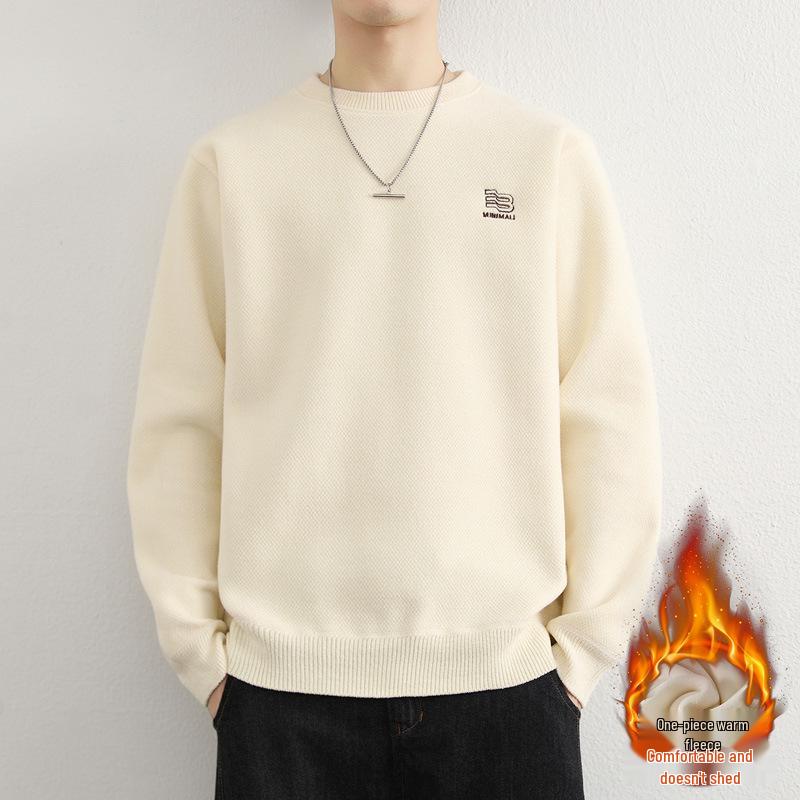 Men's Youth Velvet Thickened Wool Sweater - Embroidered, Warm, Trendy Round Neck Knitwear for Autumn and Winter