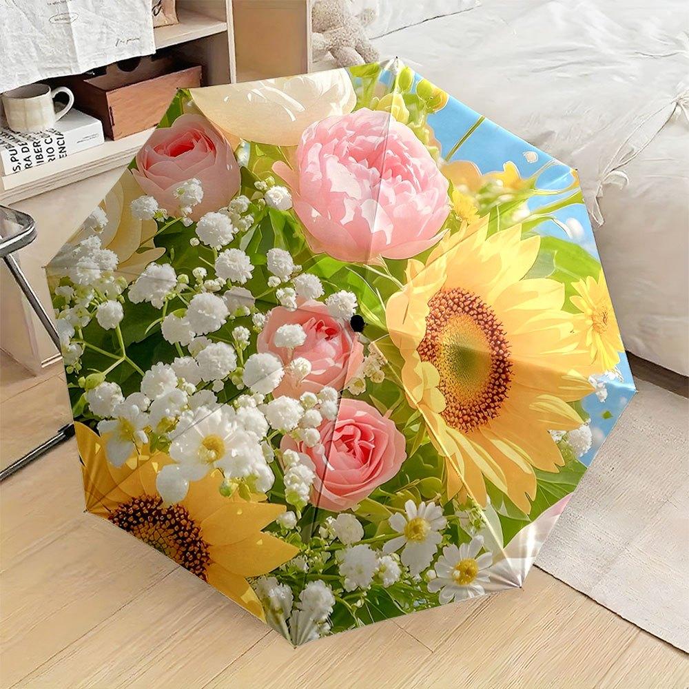 

Automatic Open/Close Folding Umbrella with Floral Pattern - Sunflowers, Pink Roses & White Daisies on Sky-Blue Background, 8-R Iron&8K