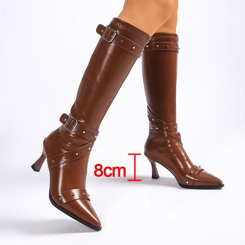 

Fashion Stiletto High Heels Women Knee High Boots Sexy Point Toe Night Club Party Shoes Woman Rivet Buckle PU Leather Long Boots 42 коричневый