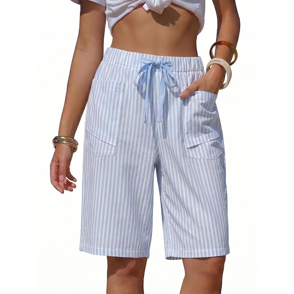Women's Casual Summer Vacation Striped Shorts Elastic Waistband with Drawstring Pockets Loose Fit Comfortable Beachwear