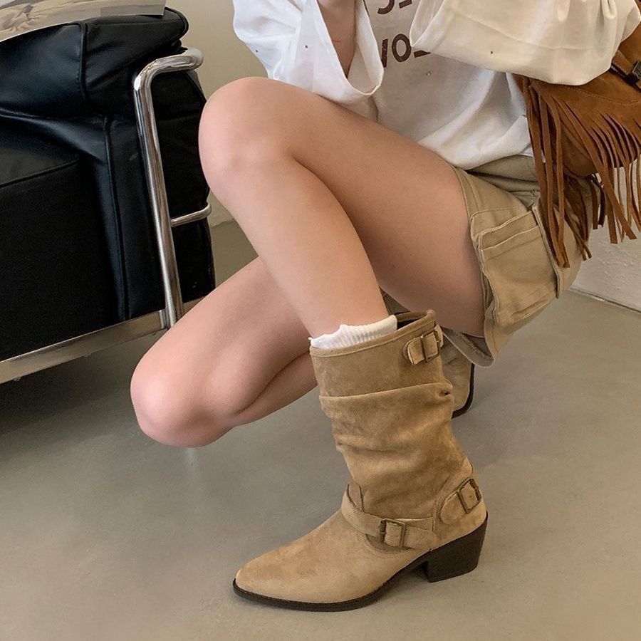 Fashion Belt Buckle Decoration Thick Heel Pointed Boots Children 2025 Autumn New Retro Internet Celebrities Pile Boots Women