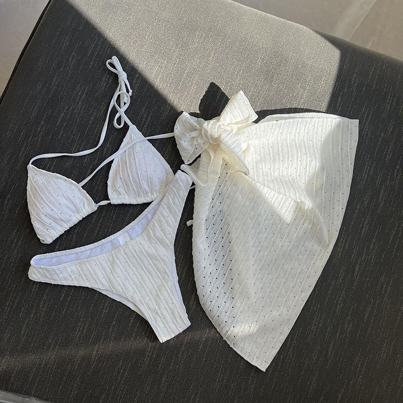 3-piece Beachskirt Swimsuit Women Solid Color Ventilate Bikini Sexy Triangle Cup Lace-up Backless Low Waist Bathing Suit