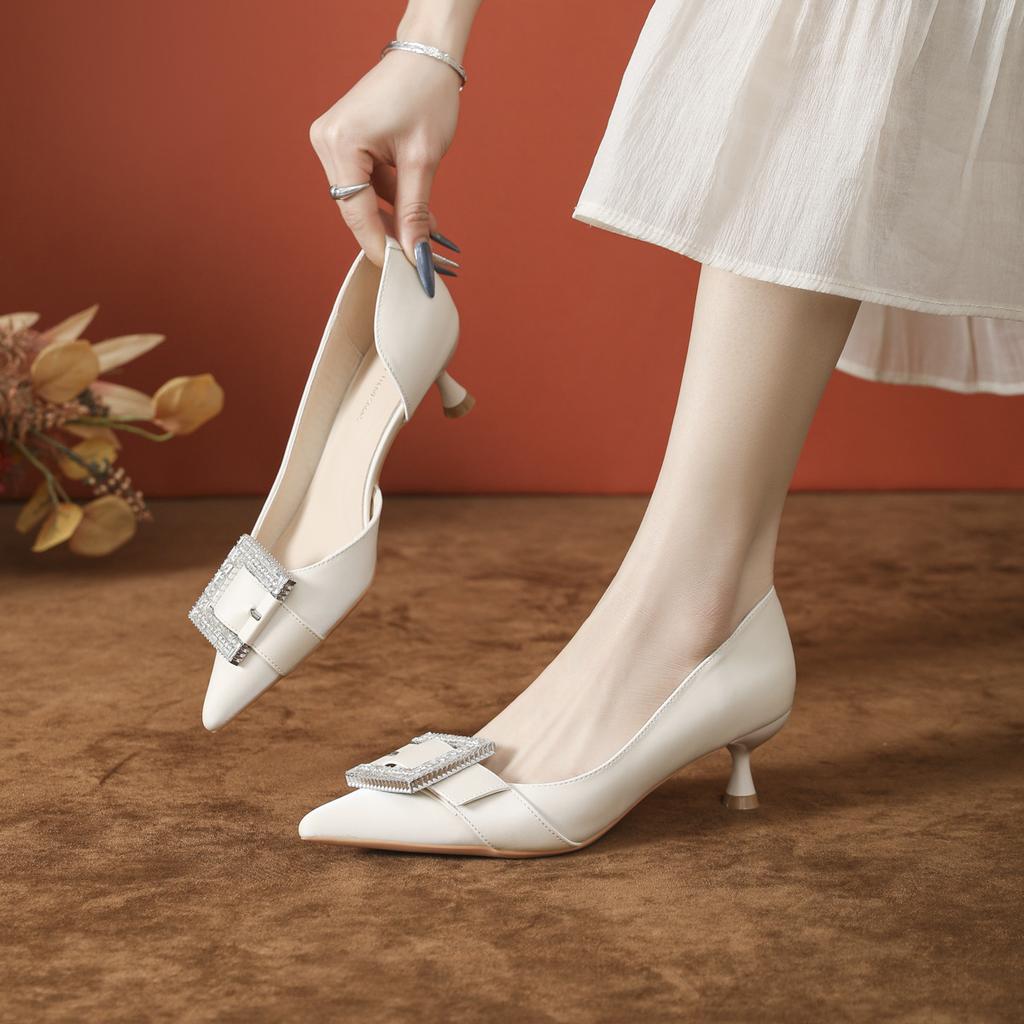 2025 New Single Shoes Women's High-end Sense Pointed Middle Heel Rhinestone Square Buckle Purple Side Empty Za High Heels Spring and Summer Stiletto