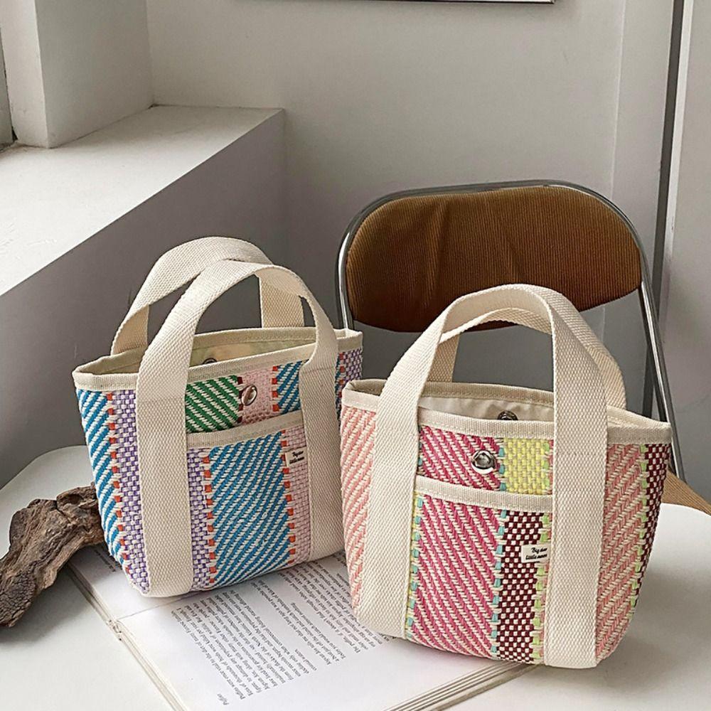 Large Capacity Straw Bag Stripe Tote Bag Practical Lunch Bag  for Home