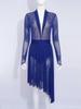 Damen Lyrical Tanzkleid S-XXL: Transparenter Netzstoff Langarm mit glitzernden Strasssteinen & Eingearbeiteten Schrittknöpfen Höschen Rüschen Design
