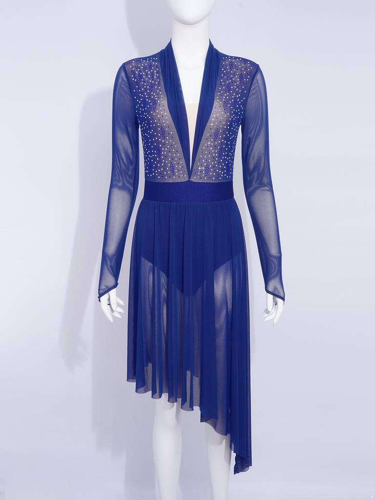 Damen Lyrical Tanzkleid S-XXL: Transparenter Netzstoff Langarm mit glitzernden Strasssteinen & Eingearbeiteten Schrittknöpfen Höschen Rüschen Design