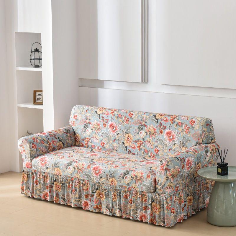 Floral Digital Print Elastic Sofa Cover with Ruffled Hem - Stretchy One-Piece Design, Adjustable Straps  Couch Covers for Sofa