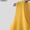 INCERUN Men Swing Collar Sleeveless Semi-Sheer Waffle Texture Fitted Tank Tops