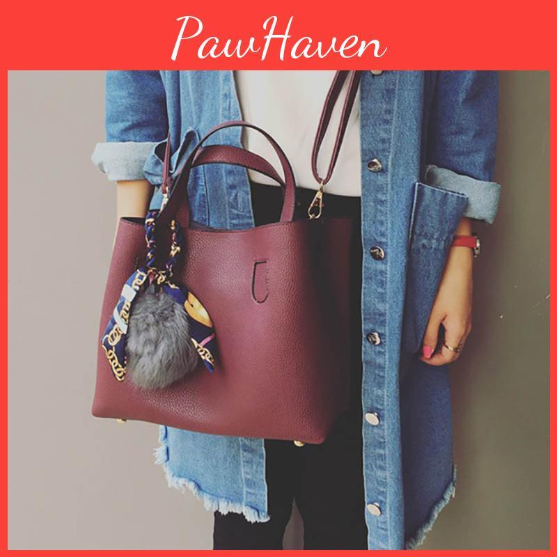 Premium Quality Women Handbags Set With Elegant Fur Ball And Silk Scarf For All Occasions
