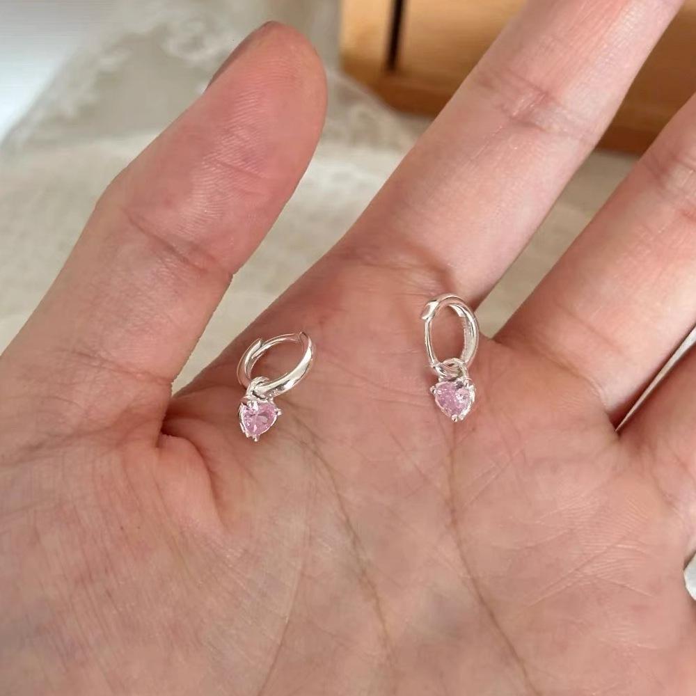 S999 Sterling Silver Pink Heart Zircon Pendant Earrings for Women - Simple Exquisite Design