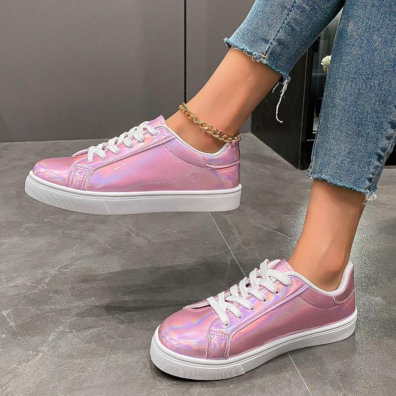 2024 Spring and Autumn High Quality Women's Sports Shoes Fashion Round Toe Solid Color Glossy Lace Up Women's Vulcanized Shoes