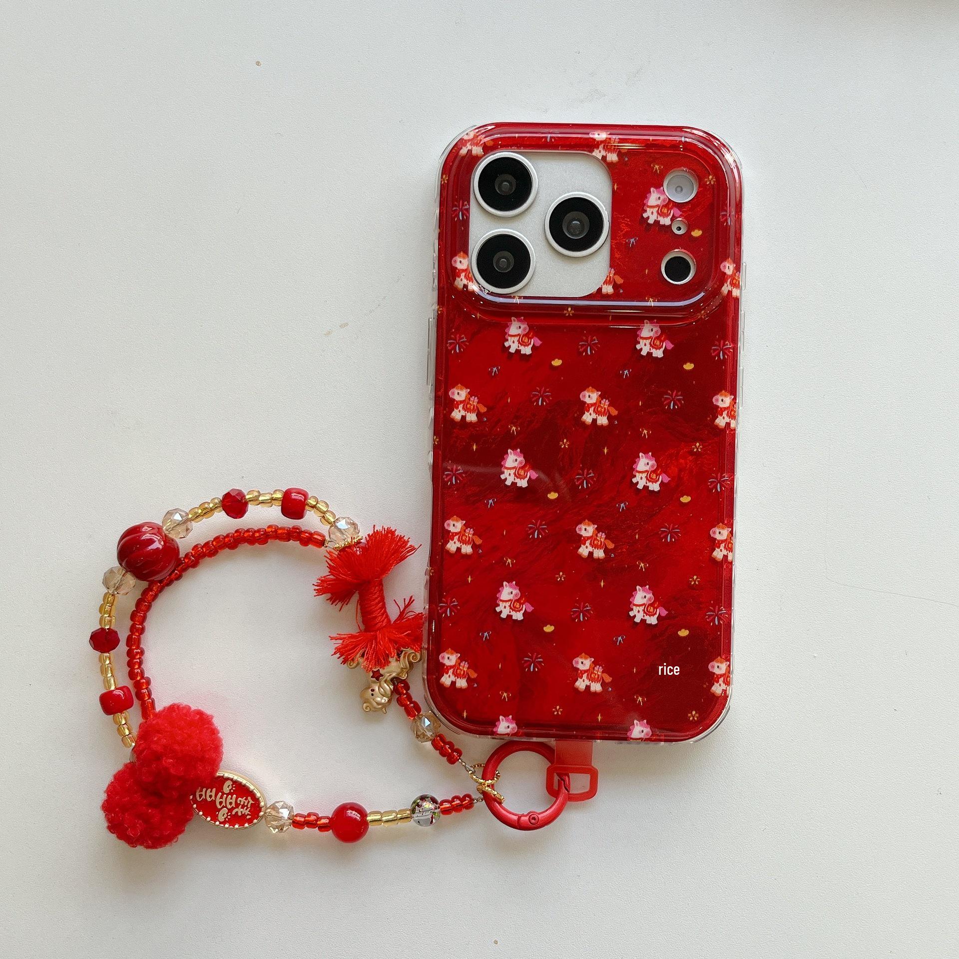 

New Year Cute Horse Red Foil Plush Pendant Apple Phone Case Bracelet IMD прозорий