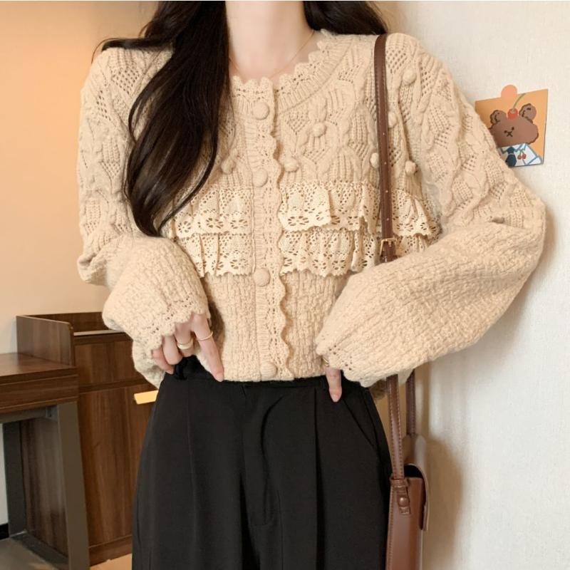 Women S French Style Lace Spliced Knit Cardigan Loose Fit Outerwear