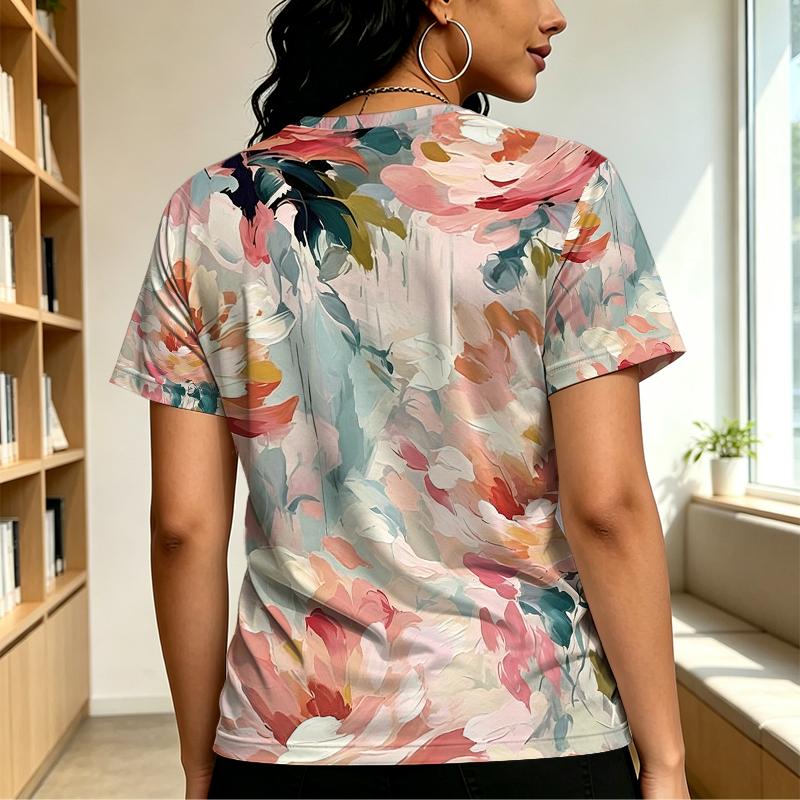 Women's Basic Short Sleeve Top Colorful Floral Print,Soft & Loose Fit,Fashionable Comfortable Casual Top for Daily Wear & Shopping