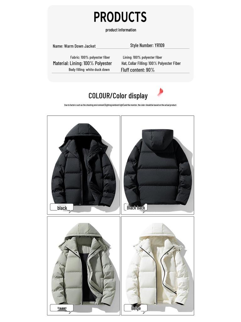 Men's Winter Down Jacket with Detachable Hood - 90% White Duck Down, Solid Color, Versatile Youth Style