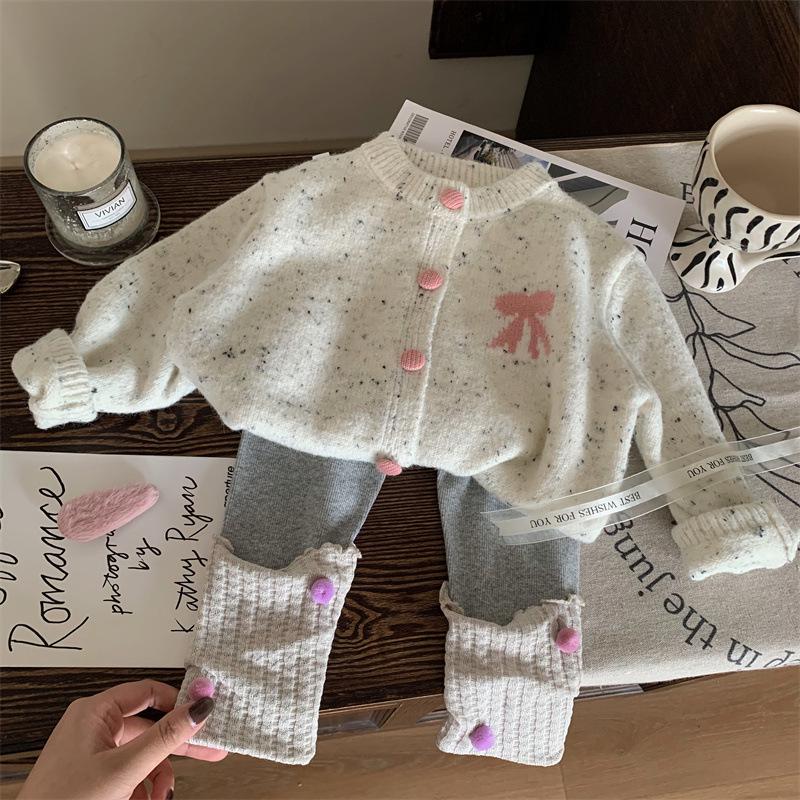 2024 Autumn Korean Kids' Outfit: Girls Bow Knit Cardigan & Leggings Set