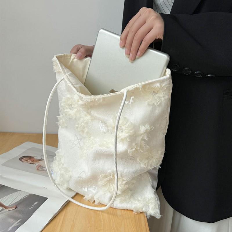 Floral Lace Canvas Shoulder Bag Women Sweet Pastel Tote Soft Medium-Sized Handbag With Phone Pocket
