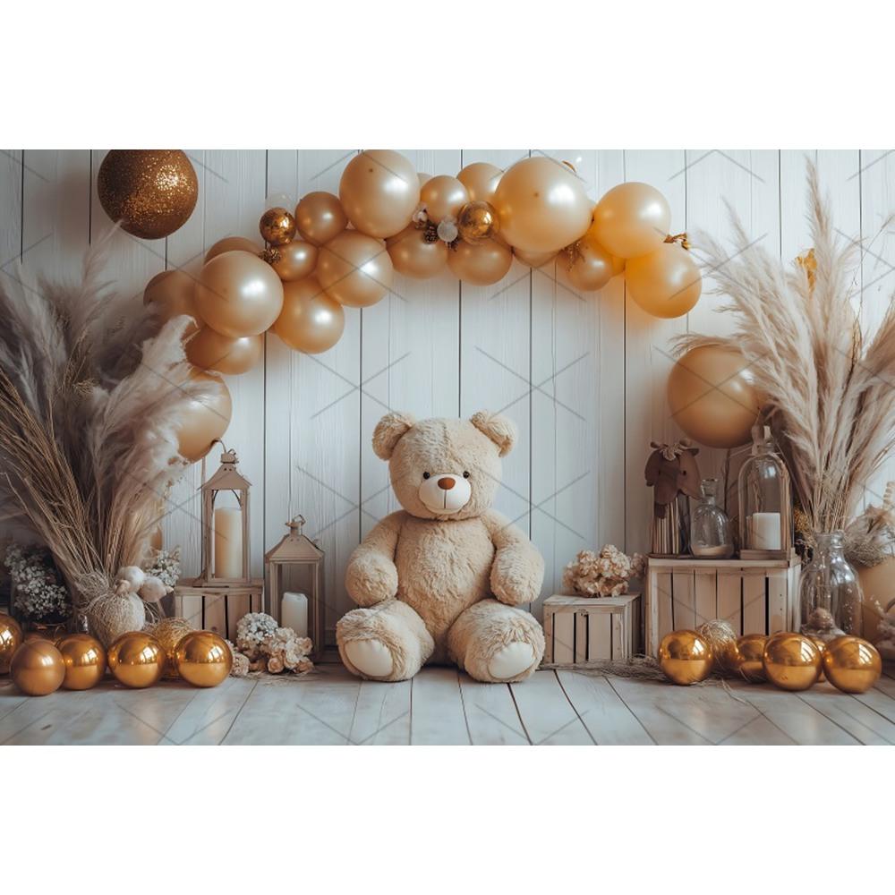 Boho Pampas Teddy Bear Photography Background Balloons Arch Tent Decor Cake Smash Baby 1st Birthday Indoor Photocall Backdrops