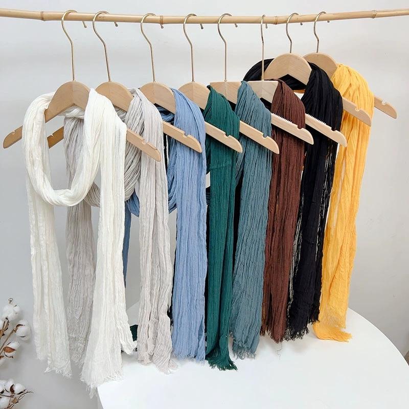 Solid Color Cotton Crinkled Scarf for Women Retro Neck Warmer Decorative Narrow Long Striped Scarf Wrap Shawl for Autumn 220cm